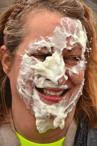 Lori Izykowski from advancement took a pie to face to raise money for Relay for Life.