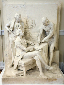 The James Monroe Museum’s bas relief is a large plaster sculpture created in 1904 by artist Karl Bitter (1867-1915), weighing over 350 pounds and over 4 feet tall. It depicts James Monroe, Robert Livingston, and Francis Barbe-Marbois signing the Louisiana Purchase Treaty.