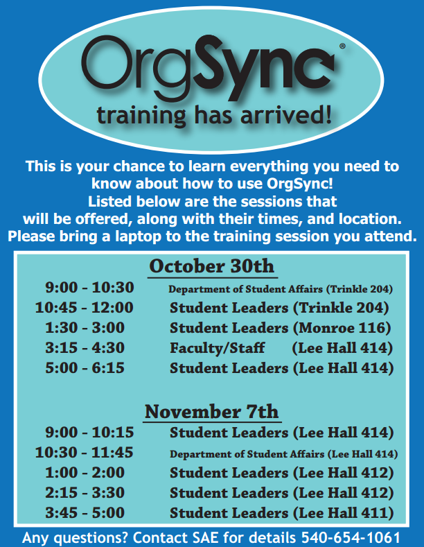 OrgSync training sessions will be held on October 30 & November 7