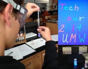 Student looking at a chemiluminescent reaction, tonic water fluorescence, and title image.