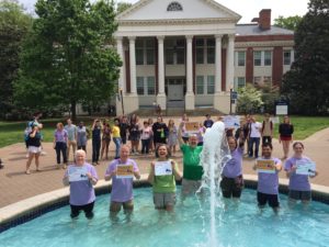Department of Geography professors went "all in" into the Palmieri Fountain in front of Monroe Hall on April 24 to thank their Giving Day donors.