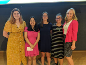 From L-R: Sidney McPhail, Kim Bui, Corinne Rydgren, Haley Turczynski and Kara Hogue at Psi Chi. The five-person team won an Outstanding Undergraduate Papers award from the Virginia Association for Psychological Science. Photo provided by Hilary Stebbins. 