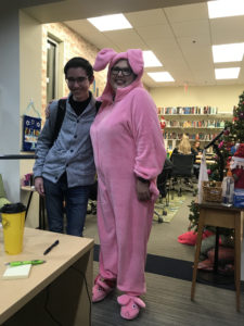 Hale (in the bunny pajamas) and her team of writing consultants started the Pajama Writing Jam after they saw students sleeping in the HCC during finals. Photo courtesy of Gwen Hale.