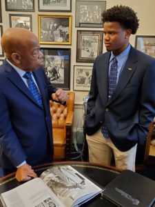 Rep. John Lewis speaks with UMW Student Government Association president Jason Ford about Lewis' participation in the Freedom Rides and the march from Selma to Montgomery. Twice, through UMW’s Fall Break Social Justice Trips in 2018 and 2019, Ford has taken in sites visited by Farmer and Lewis during the height of the civil rights movement. Photo provided by the James Farmer Multicultural Center.