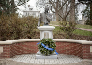 A wreath on the James Farmer bust on UMW’s Campus Walk recognizes Farmer’s 100th birthday and UMW’s Farmer Legacy 2020 celebration. Photo by Tom Rothenberg.