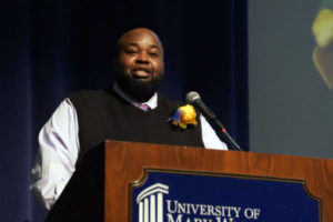 National Teacher of the Year Rodney Robinson spoke of his quest to bring equity to the classroom last night at UMW’s Dodd Auditorium. Photos by Suzanne Carr Rossi.