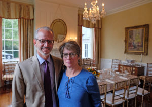 Kelly and Troy paino host dinners for Mary Washington students at their UMW home, Brompton. The couple enjoys walking dog Oscar together and traveling.
