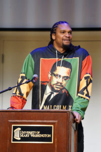 Retired NBA player, activist and motivational speaker Etan Thomas delivered the Black History Month keynote last Wednesday at UMW. Photo by Suzanne Carr Rossi.