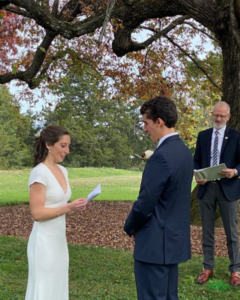From more than 8 feet away, President Troy Paino officiated the socially distanced wedding of UMW alumni Caroline Deale and John Bentley, who wed at Paino’s home at Brompton last month.