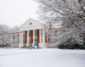 Monroe Hall after a snowfall. 