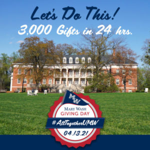 Mary Wash Giving Day gifts will benefit students and programs across the University. A goal of 3,000 gifts has been set, and with a $5 gift minimum, participants are asked to help unlock additional challenge amounts by meeting participation benchmarks throughout the day.