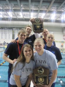 Anderson and his fellow seniors on the UMW Swim Team after their final conference championships in 2010. Clockwise: Matt DeMarr, Justin Anderson, Nina Michelle (Sawyer) Passmore, Amanda Kautz, Jason McCormack and Brandon Eads.