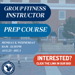 Join our Director Kelly and prepare to become an instructor for Group Fitness classes at Campus Recreation! Register at campusrec.umw.edu by August 23!