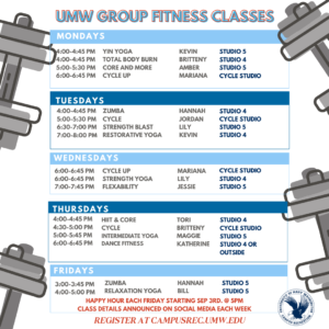 UMW Group Fitness Classes Schedule Fall 2021