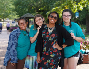 Center for Prevention and Education Director Marissa Miller and TEAL Peer Educators (left to right) Maya Jenkins, Kayla Botto and Grace Bonaccorsy. In her new role, Miller will oversee the continuation of a $300K grant from the Justice Department’s Office on Violence Against Women. Photo by Suzanne Carr Rossi.