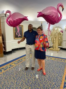Dean of Student Life Cedric Rucker, who will retire in June, stands with Associate Vice President for University Relations Anna Billingsley, who will retire next week. Faculty and staff celebrated Billingsley's retirement this week.