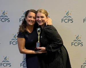 UMW grads Amelia Carr (left) and Shelby Press met during their first college class and became best friends. Press was named Fairfax County Public Schools’ Outstanding Elementary New Teacher this year. Carr received the honor in 2021. Photo courtesy of Fairfax County Public Schools.