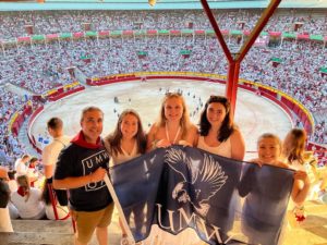 ‘UMW in Spain’ and other study abroad programs return this year at University of Mary Washington. In this photo, from left to right, Center for International Education Director Jose Sainz poses with UMW students Jessica Oberlies, Madeline Killian, Julia May and Gwen Harrison during the running of the bulls in Pamplona. Photo courtesy of Jose Sainz.