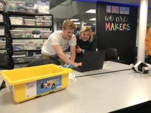 UMW student Joey Marsh ’23 and Professor of Education Teresa Coffman work in the makerspace classroom at Seacobeck Hall, home of the College of Education. Photo by Amy Jessee.
