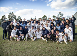 The UMW men’s soccer team poses at its recent game against Ohio Wesleyan. Having advanced to the NCAA semifinals for the second time in the team’s history, the Eagles are the only public university and Virginia team still standing in the final four. Photo by Tom Rothenberg.