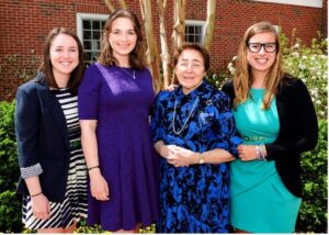 Irene Piscopo Rodgers poses in 2017 with Mary Washington students Kelly McDaniel, Mary Hopkin and Emily Ferguson. The young women represent just a few of the many students who have benefitted through the years from Rodgers’ generosity to her alma mater. Her final gift of $30 million – the largest ever received by the University – will be ‘transformational’ to UMW’s undergraduate research program, providing students with invaluable hands-on learning opportunities for decades to come.