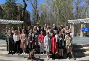 The newest members of UMW's Kappa of Virginia chapter of Phi Beta Kappa pose at Mary Washington's Heslep Amphitheatre. Phi Beta Kappa membership is a prestigious honor, with chapters existing at just 10 percent of America's colleges and universities, and fewer than 10 percent of students at each of those schools being selected for membership.