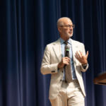 University of Mary Washington President Troy Paino addresses the faculty and staff at the start of the 2023-24 academic year. Photo by Sam Cahill.