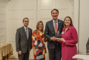 UMW alumna Meghan McLees ’23 received the Outstanding Young Adult Volunteer Award at last night’s 2023 Volunteerism and Community Service Awards ceremony at the Governor’s Mansion in Richmond. Pictured here are, from left to right: Chairman of the Virginia Governor’s Advisory Board on Service and Volunteerism Cliff Yee, Virginia First Lady Suzanne S. Youngkin, Virginia Gov. Glenn Youngkin and McLees. Official Photo by Christian Martinez, Office of Governor Glenn Youngkin.