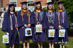 From left to right: Anna Blake, Anna Czernia, Hannah Lee, Harmony Peura and Abigail Swanson earned the Colgate W. Darden Jr. Award for Academic Achievement for completing their degrees with the highest grade-point average in the undergraduate program. All five – the greatest number of grads earning this achievement in recent history – finished with a perfect 4.0 GPA. Photo by Suzanne Carr Rossi.