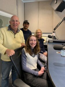 From left to right, Town Talk radio host Ted Schubel, UMW seniors Adrian Coello and Elisa Luckabaugh, and UMW College of Arts and Sciences Assistant Dean Betsy Lewis.