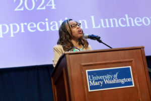 Associate Provost for Equity and Inclusion and Chief Diversity Officer Shavonne Shorter was a friendly and energetic host who brought the tunes to the Employee Appreciation Luncheon. Photo by Karen Pearlman.