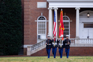 The Mountain View High School Marine JROTC Color Team performs a flag raising ceremony to commemorate Veterans Day at Jefferson Square on the University of Mary Washington’s Fredericksburg campus. Photo by Sam Cahill.