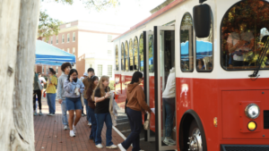 A trolley circled the route between Mary Washington&rsquo;s Double Drive and the City of Fredericksburg&rsquo;s Dorothy Hart Community Center, carrying students to submit their ballots. Photo by Karen Pearlman.