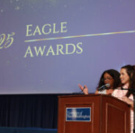 UMW seniors Martina Nicholson (left) and Kai Otero host the Eagle Awards ceremony. Photo by Karen Pearlman.