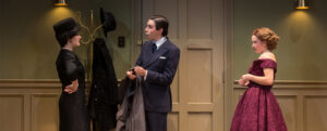 From left to right: University of Mary Washington students Rob Willcox ’26, Benjamin Kline ’28 and Emmy Beach ’26 star in ‘Dial M for Murder,’ onstage through Sept. 28 at duPont Hall’s Klein Theatre. Tickets available at www.FredTix.com. Photo by Geoff Greene.