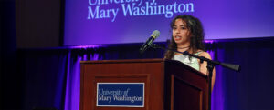 Photo of Olivia-Lena De Veaux ’26, an international affairs and Spanish major who engaged in two study abroad experiences and an internship abroad at UMW, was among the student speakers who shared their stories at the 2025 Celebration of Giving. Photo by K Pearlman Photography.