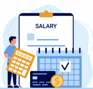 Clip-art style graphic of man with charts, calendar, clip board etc.  