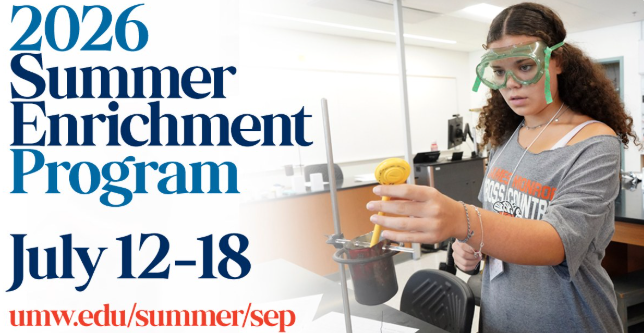 Photo of student in a science lab with the dates of the summer program