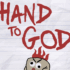 Graphic with a hand-drawn puppet with red flames for hair and mixed up expersion and the words Hand to God above it in red