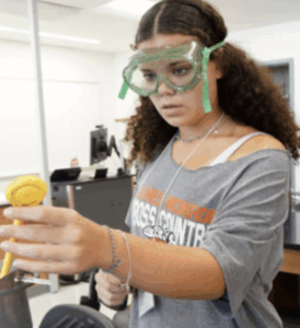 Photo of collage woman doing an science experiment