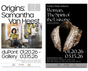 Posters for each art exhibit with same info that is in article; one had an adult woman sitting in front of her artwork; the other has a piece of clothing (a vintage shawl) 