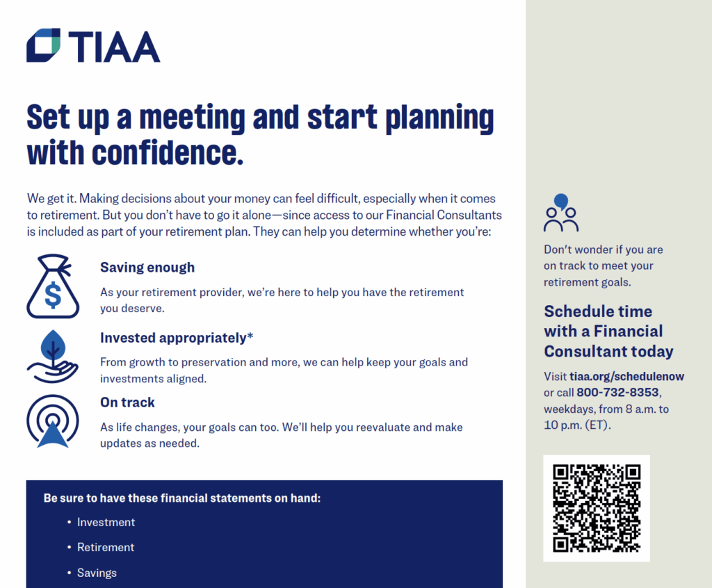 graphic from TIAA with a QR code and info on scheduling that is also included in the text of this article
