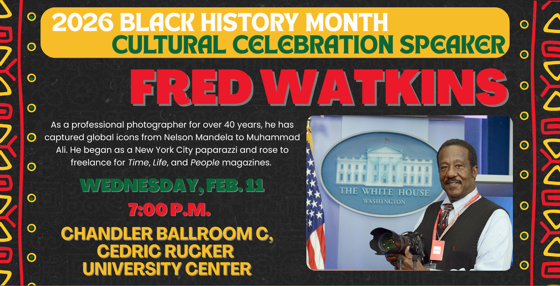 Black History Month information with photo of the speaker, Fred Watkins