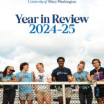 Cover of the Year in Review publication with students standing at the railing of stadium stands