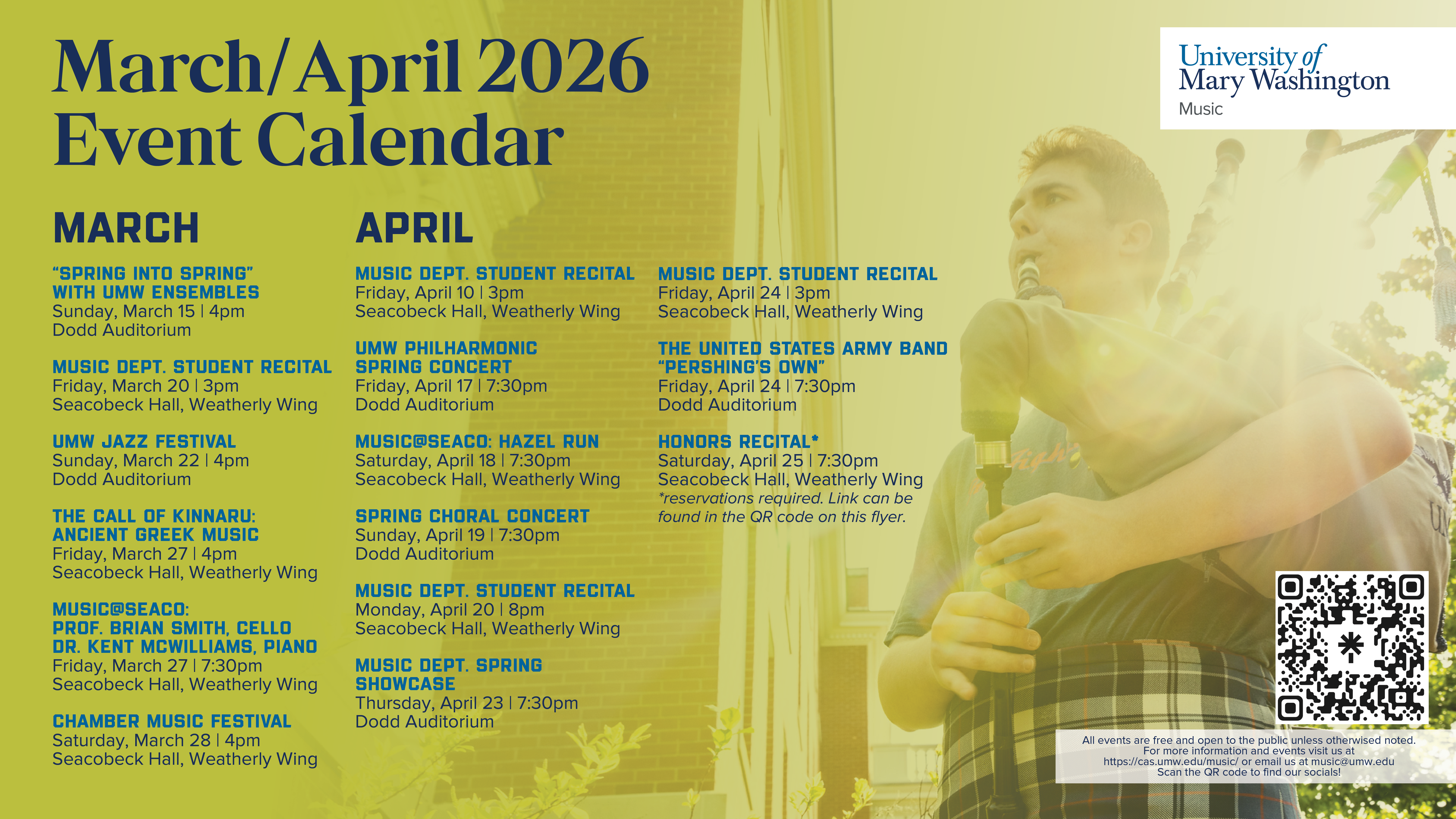 March April Music Events Calendar; link to details located in the post