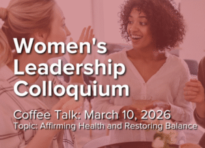 Photo of women talking with date and title of the event