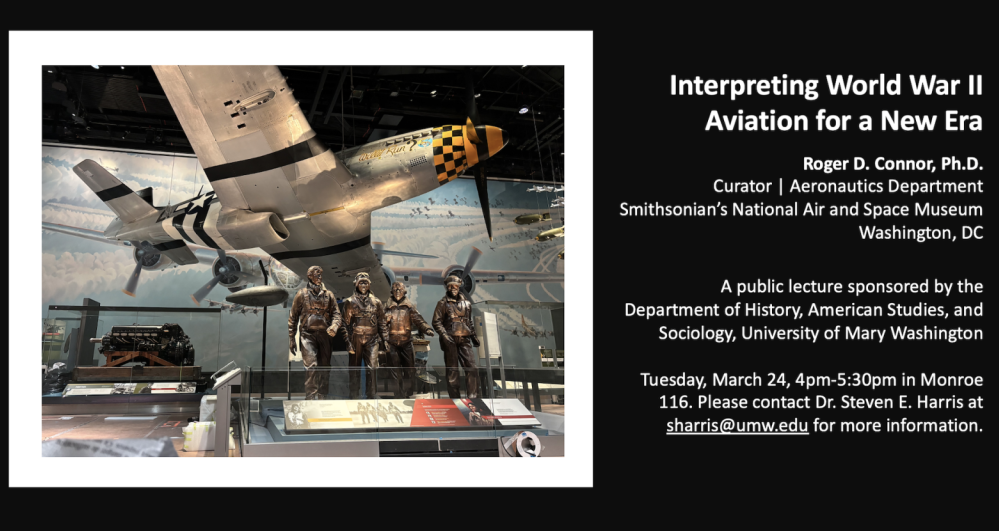 Photo from of plane and aviators from Smithsonian's Air and Space Museum with dates and details of lecture that are also included in the copy of this post.