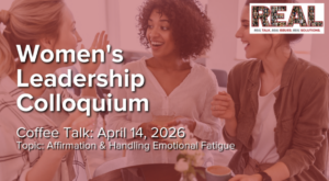 Photo of women talking with text over it, including dates, time and topic of the event