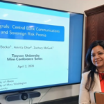 A picture of Dr. Dhar presenting on 'Global Signals: Central Bank Communications and Sovereign Risk Premia' April 2nd at Towson University