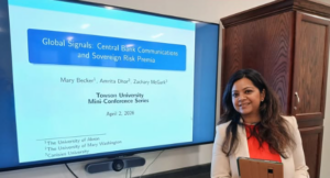 A picture of Dr. Dhar presenting on 'Global Signals: Central Bank Communications and Sovereign Risk Premia' April 2nd at Towson University